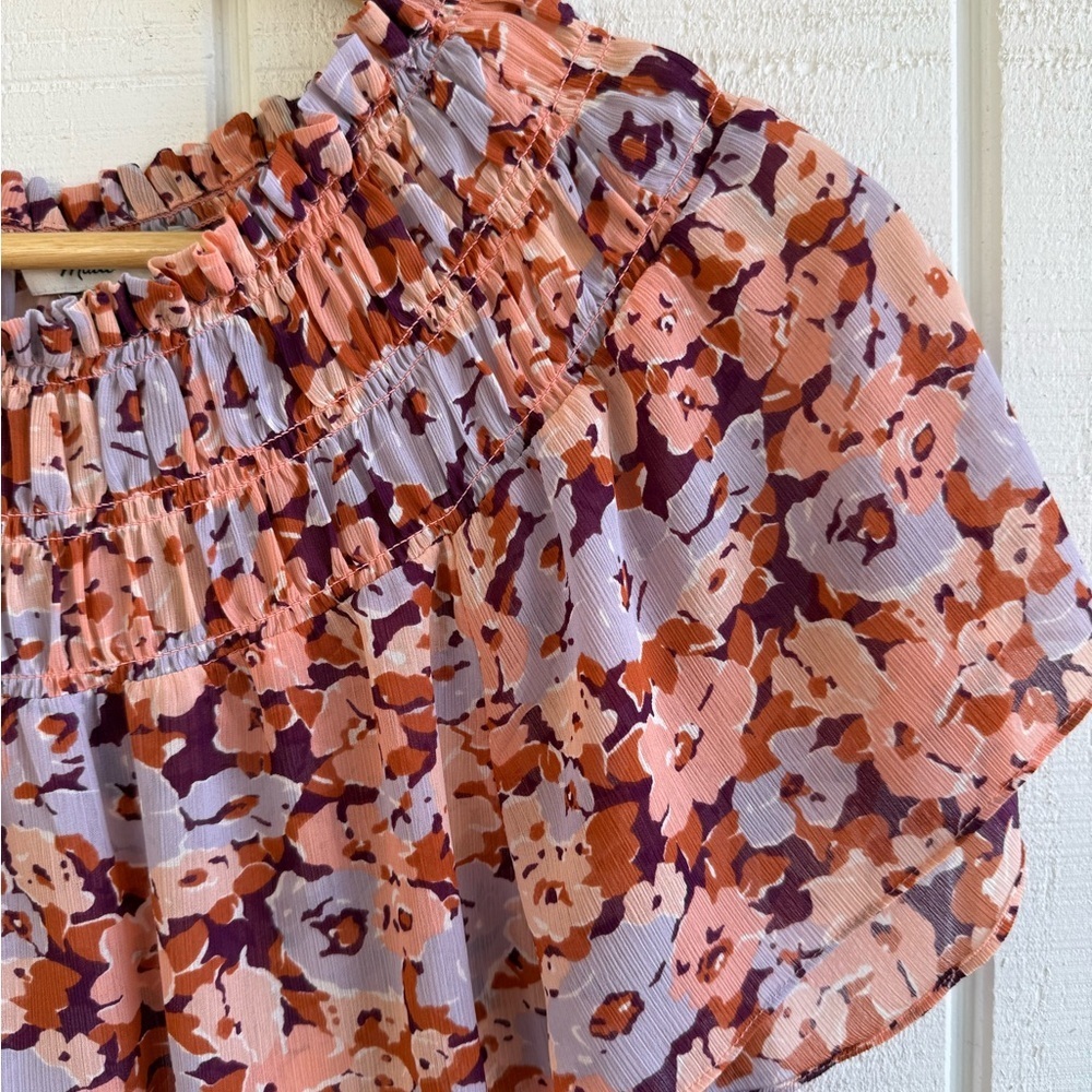 Madewell Smocked Mock Neck Floral Sheer Blouse Size Small - Picture 3 of 4